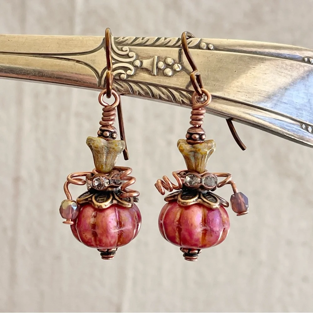 Hand Crafted “Pretty in Pink Pumpkin” Dangle Earrings - Picture 6 of 11